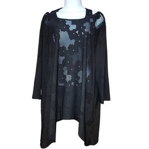 Clara Sun Woo Black Sheer Honeycomb‎ Cut Off Shoulder Long Sleeved Coverup Sz M